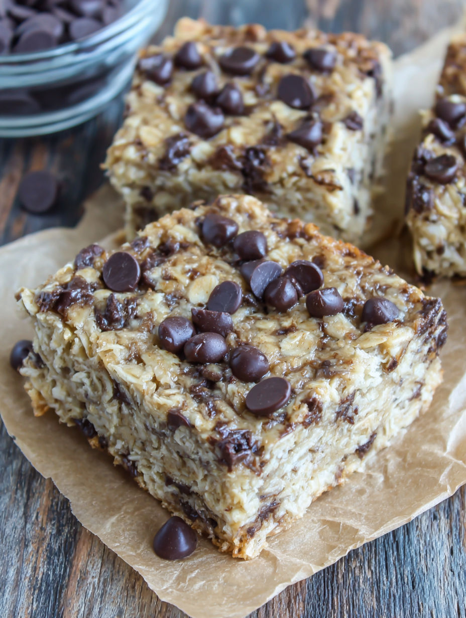 A square of chocolate chip oatmeal breakfast squares.