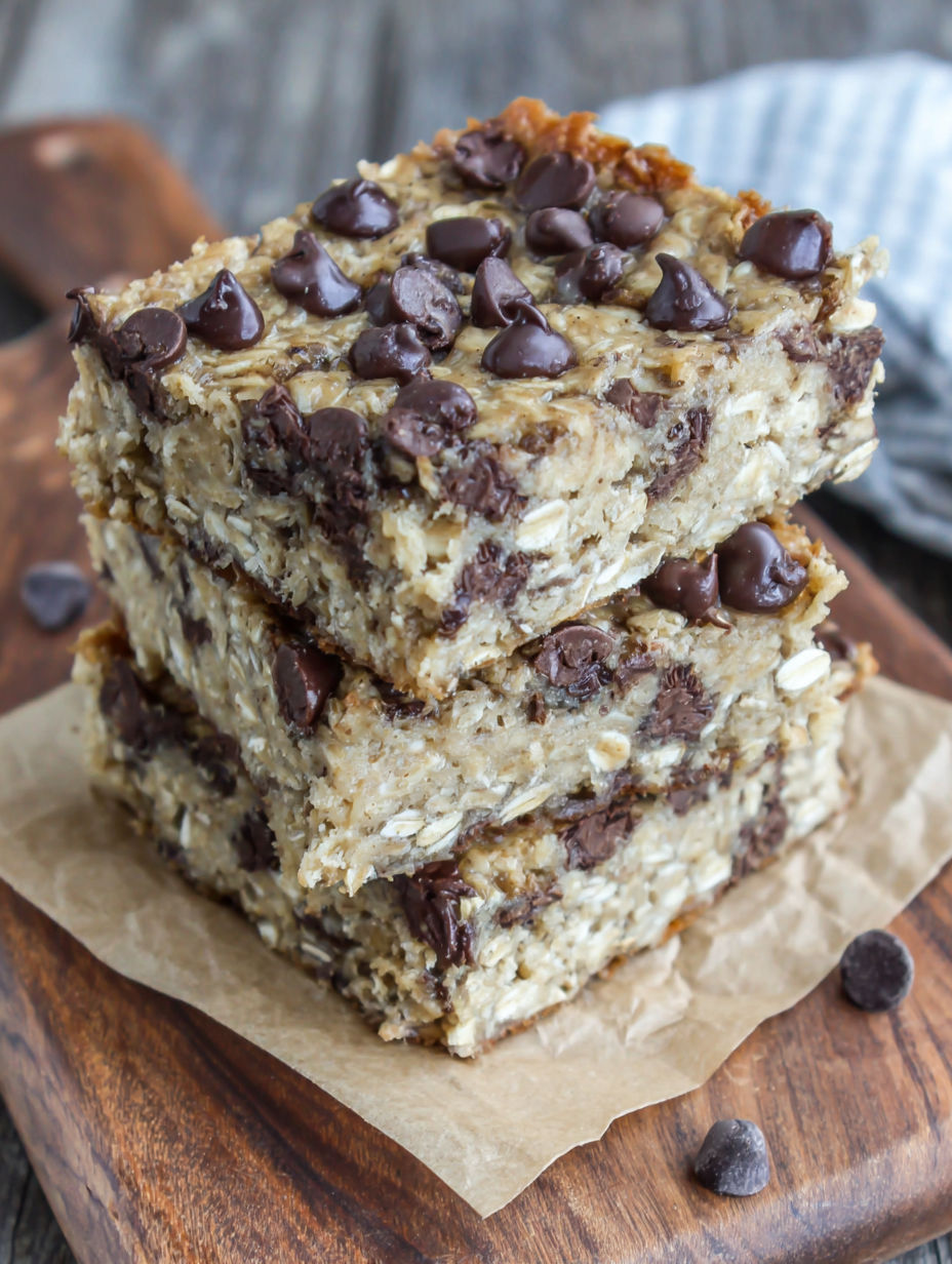 A stack of three chocolate chip oatmeal breakfast squares.