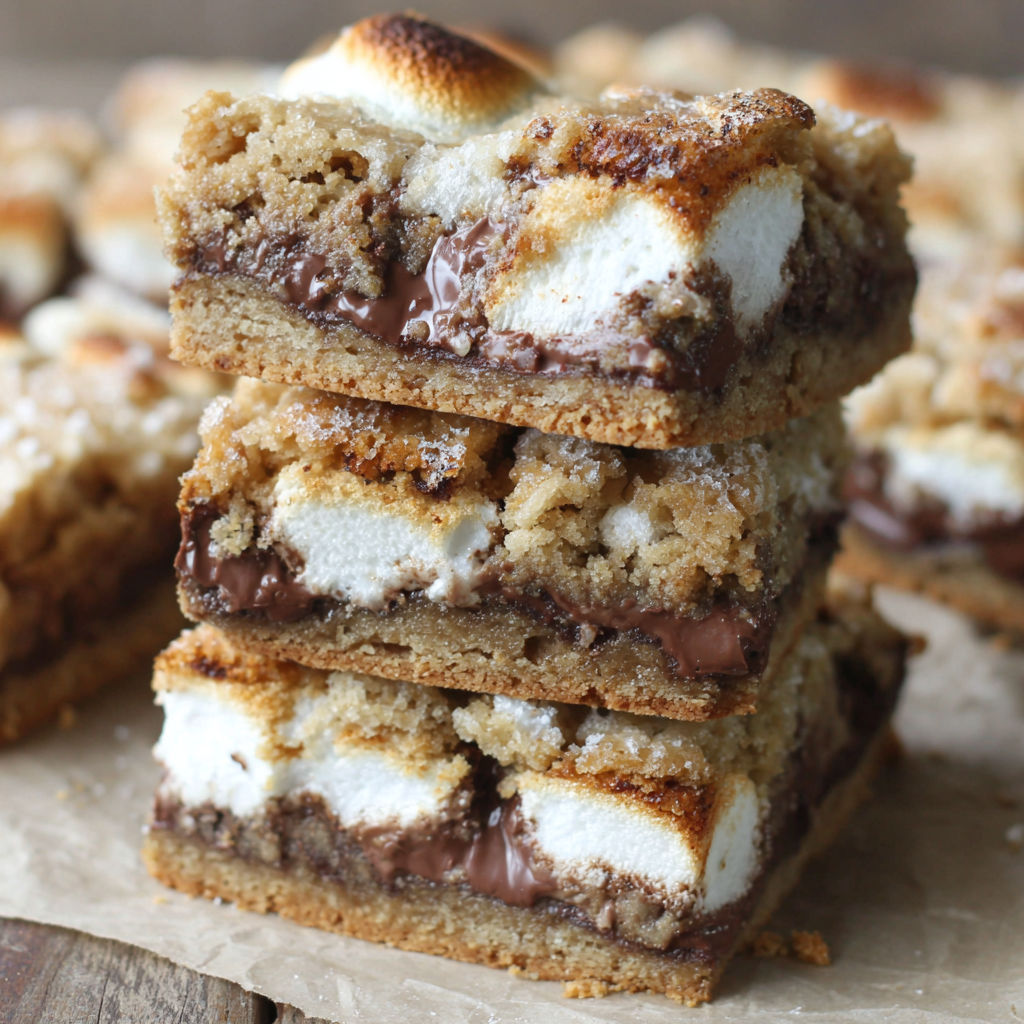 A stack of s'mores bars with chocolate and marshmallows.
