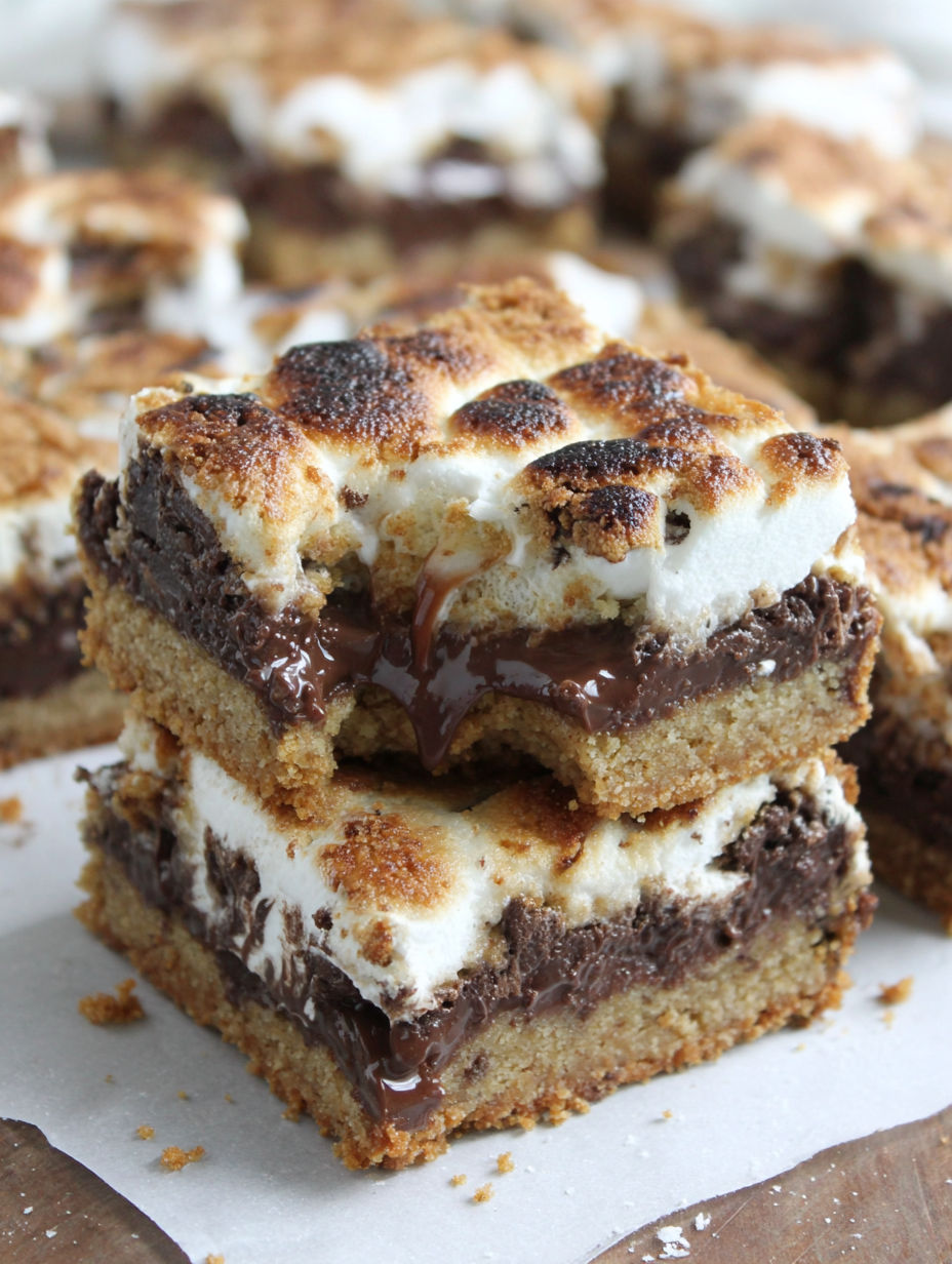 A close up of a chocolate covered s'mores bar.