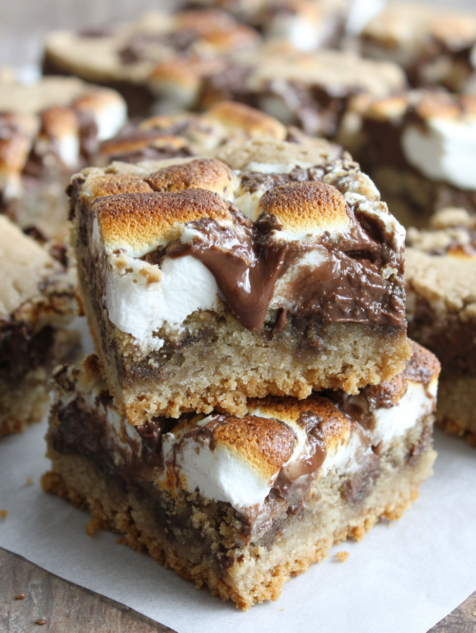 A close up of a s'mores bar with chocolate drizzled on top.