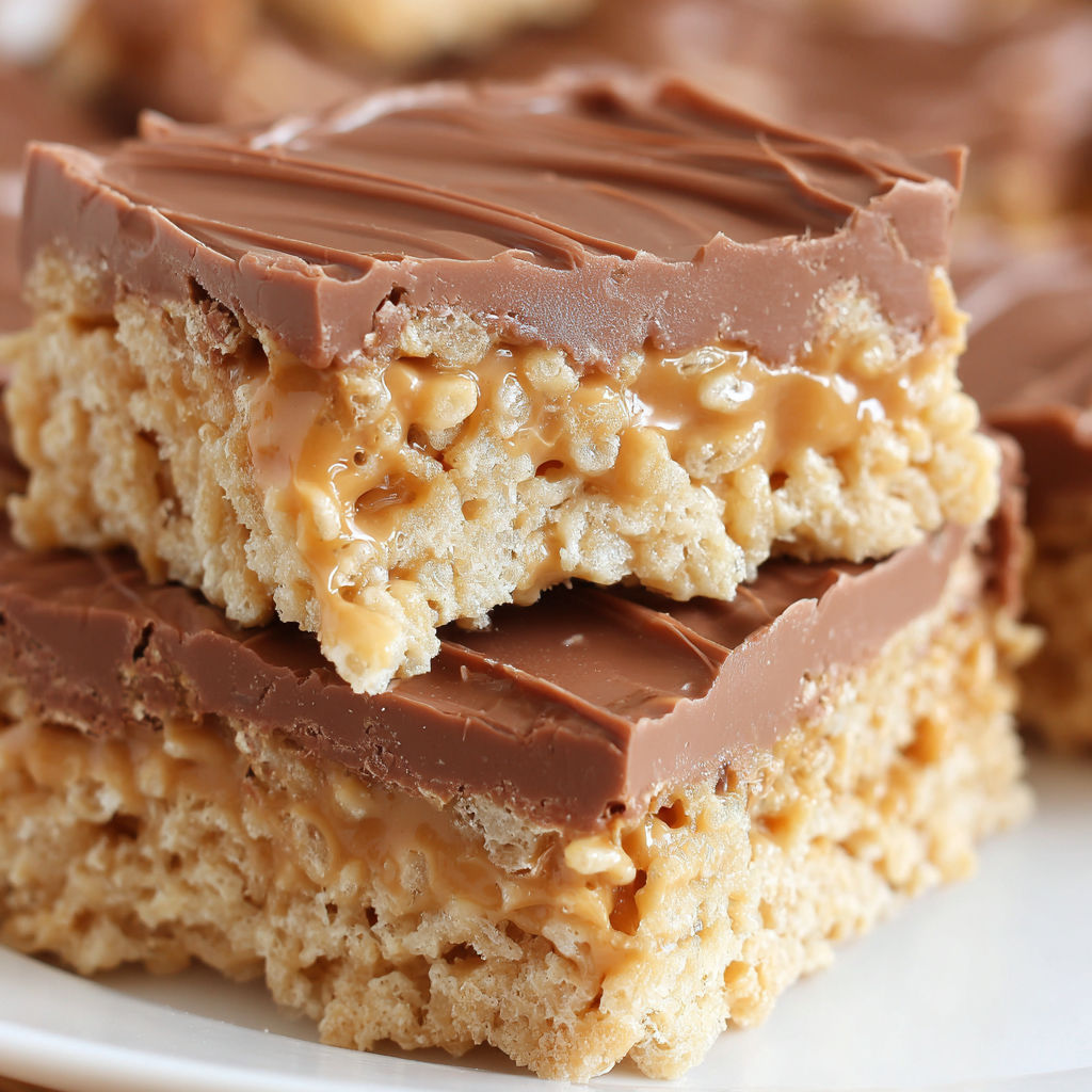 A plate of scotcheroos with chocolate and peanut butter toppings.