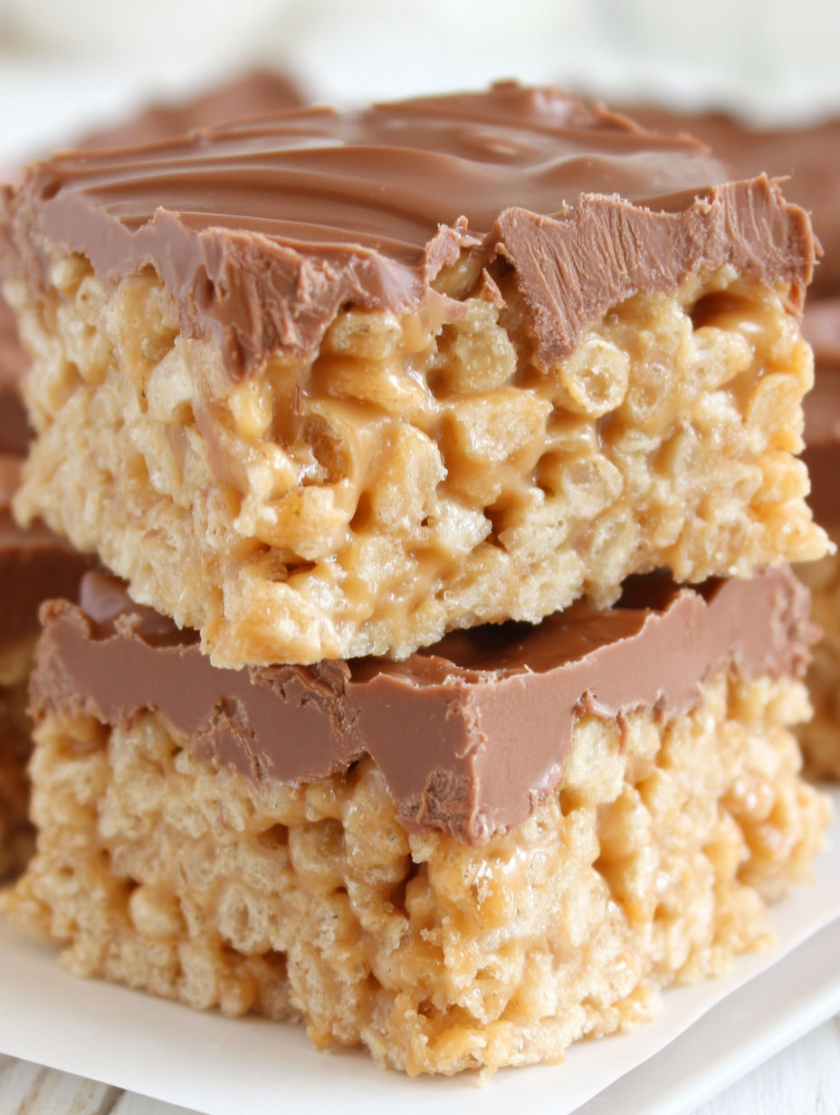 A close up of a scotcheroo with chocolate and caramel.