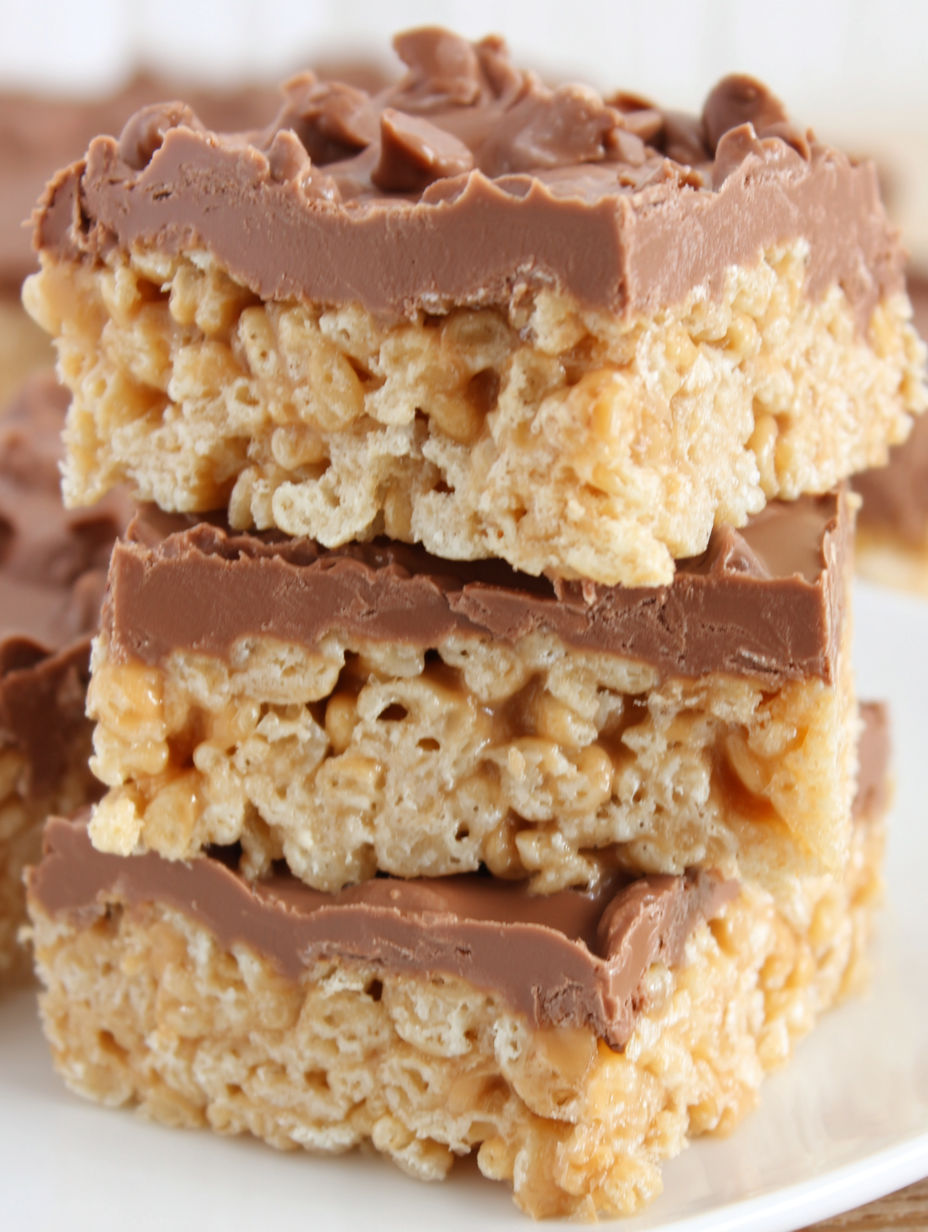 A stack of three scotcheroos with chocolate and marshmallows.