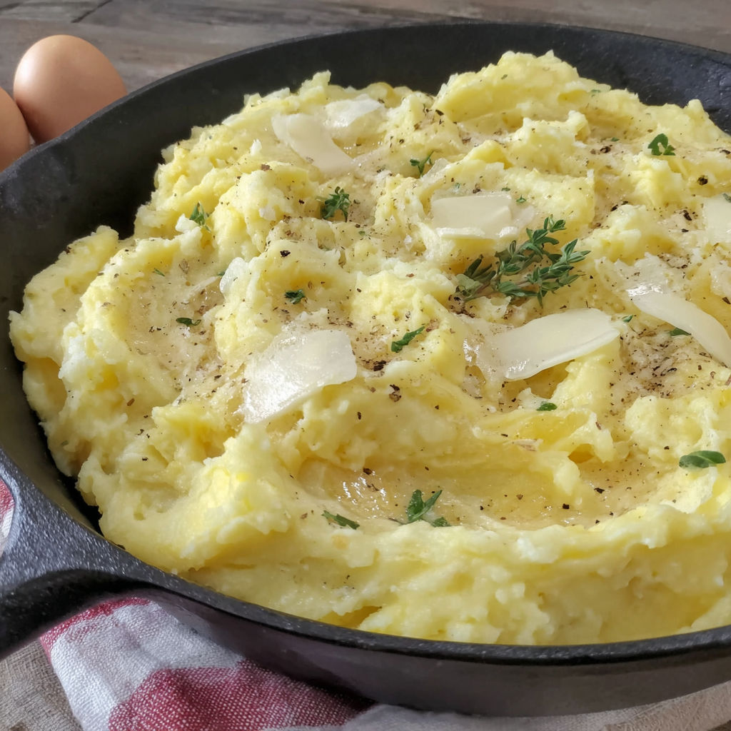 A pan of garlic cheddar mashed potatoes.