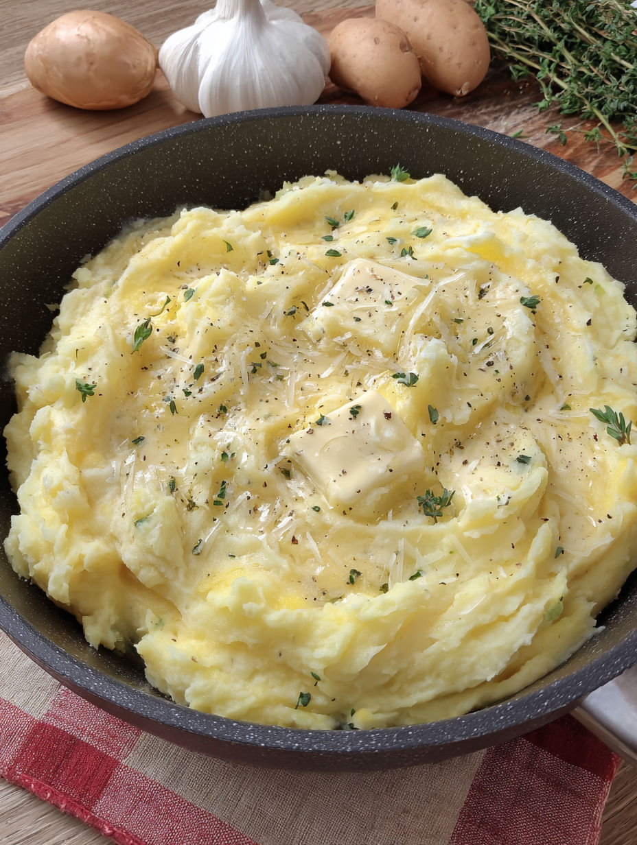 A bowl of mashed potatoes with cheese and herbs.