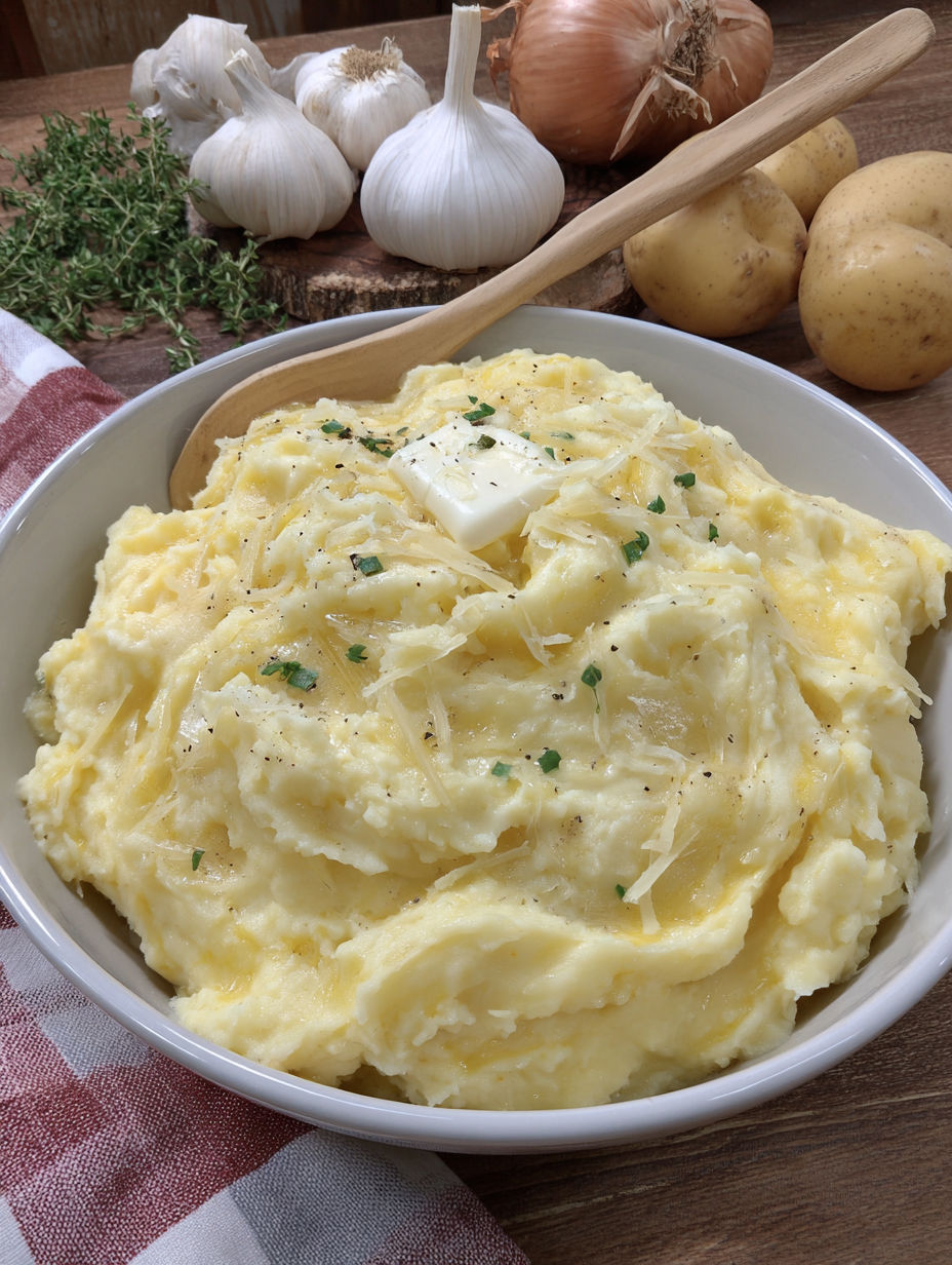 A bowl of mashed potatoes with a wooden spoon in it.