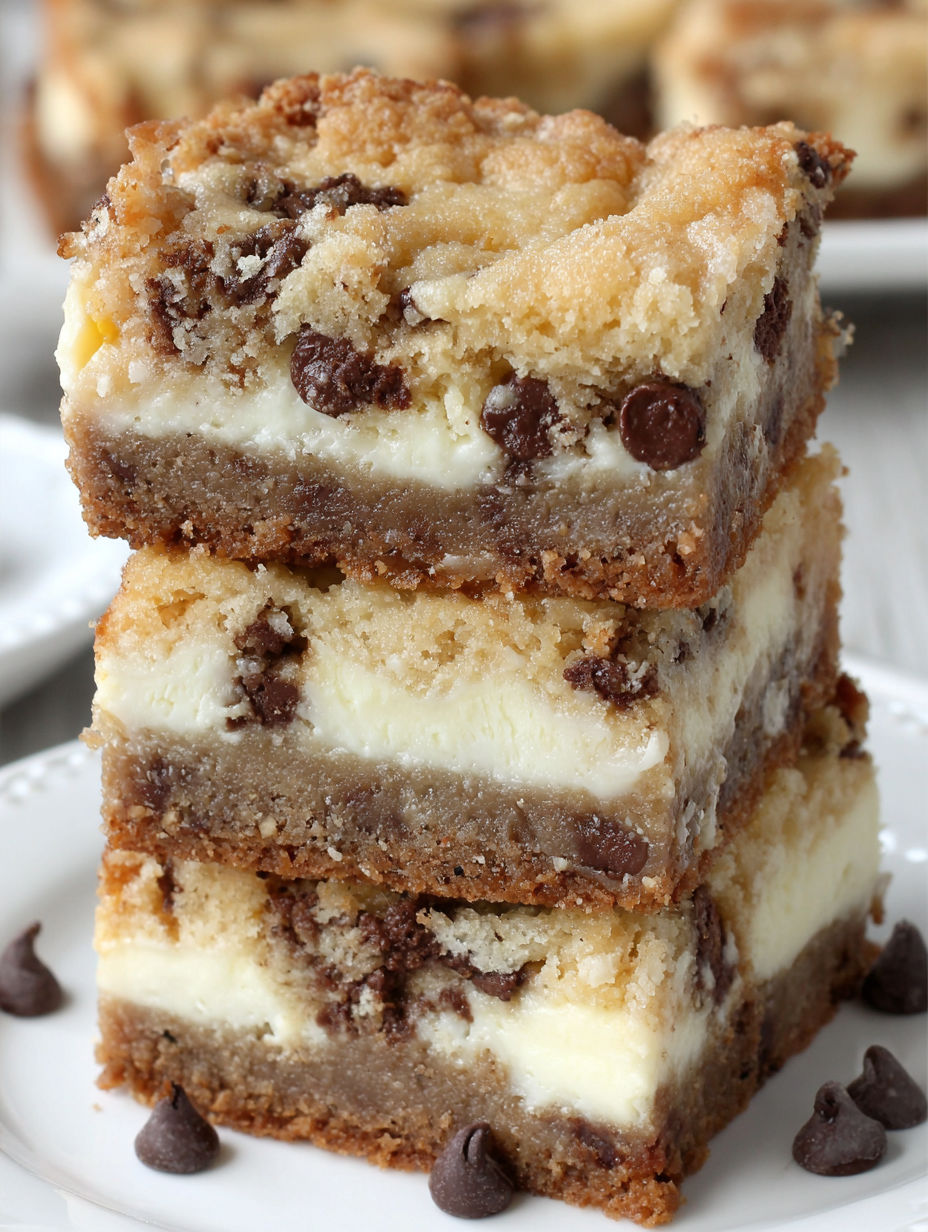 Three layers of chocolate chip cookie cheesecake bars.