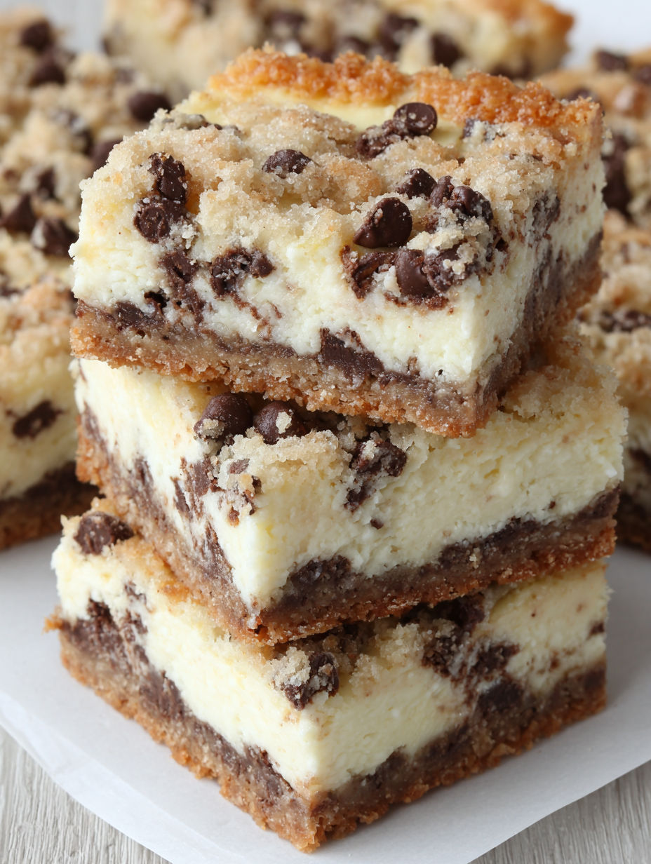 A stack of chocolate chip cookie cheesecake bars.
