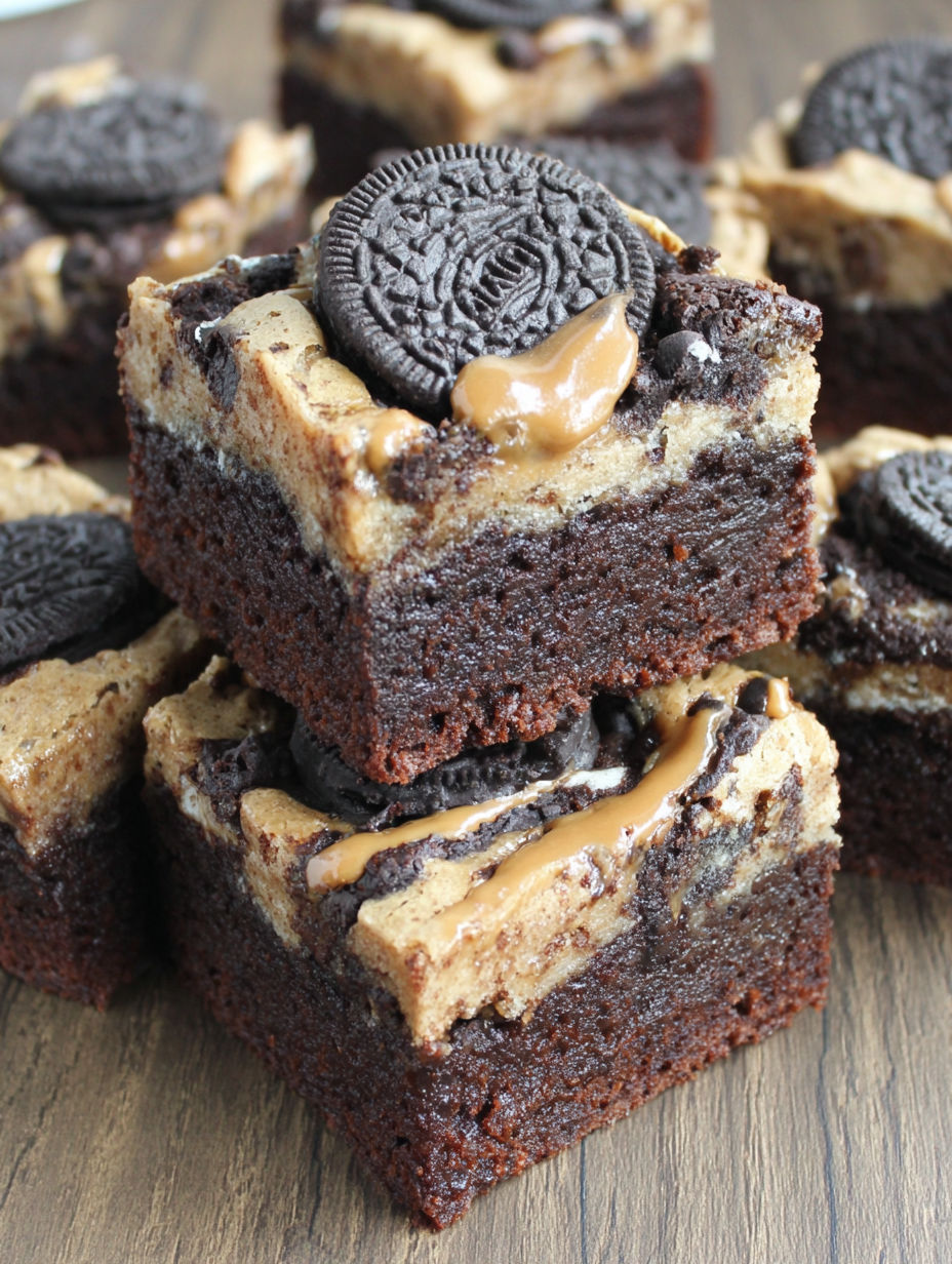 A stack of brownies with Oreo cookies on top.