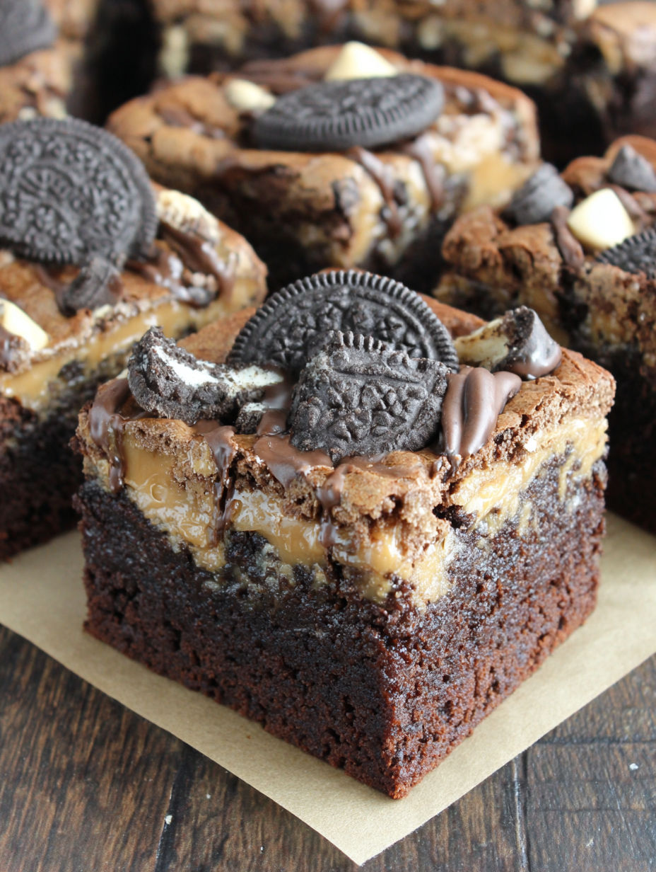 A close up of a chocolate brownie with Oreo cookies on top.