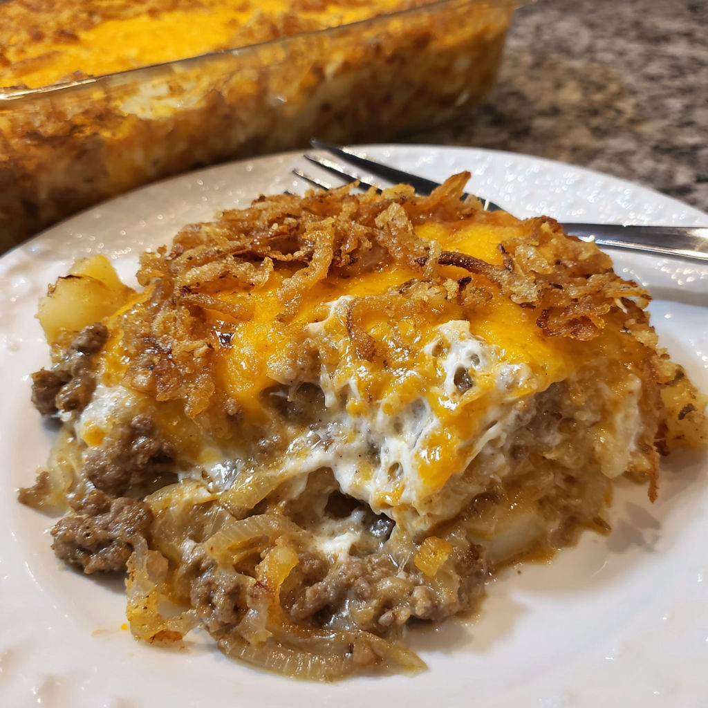 A cheesy French onion hamburger casserole on a white plate.