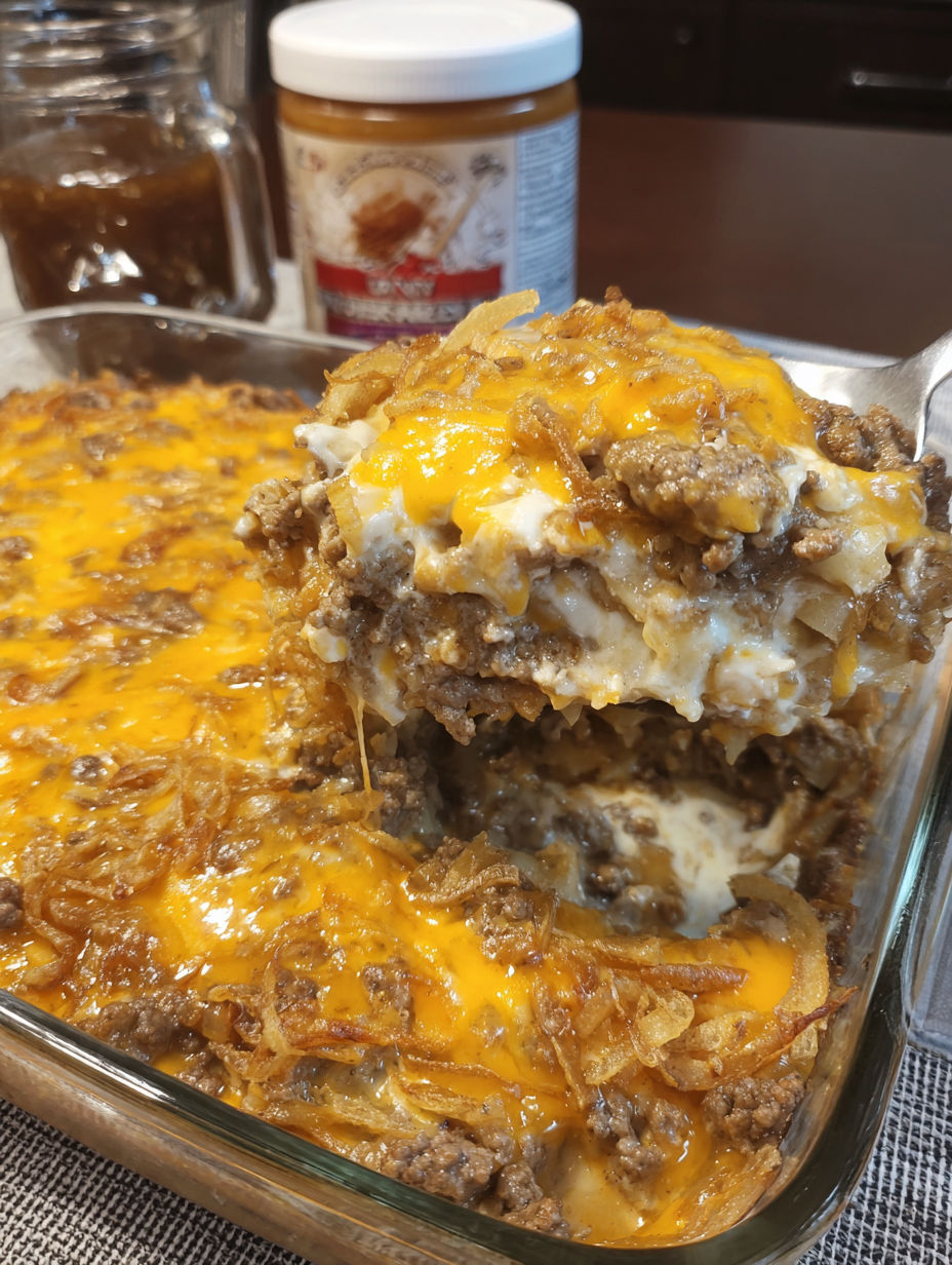 A casserole dish with a layer of cheese and meat.