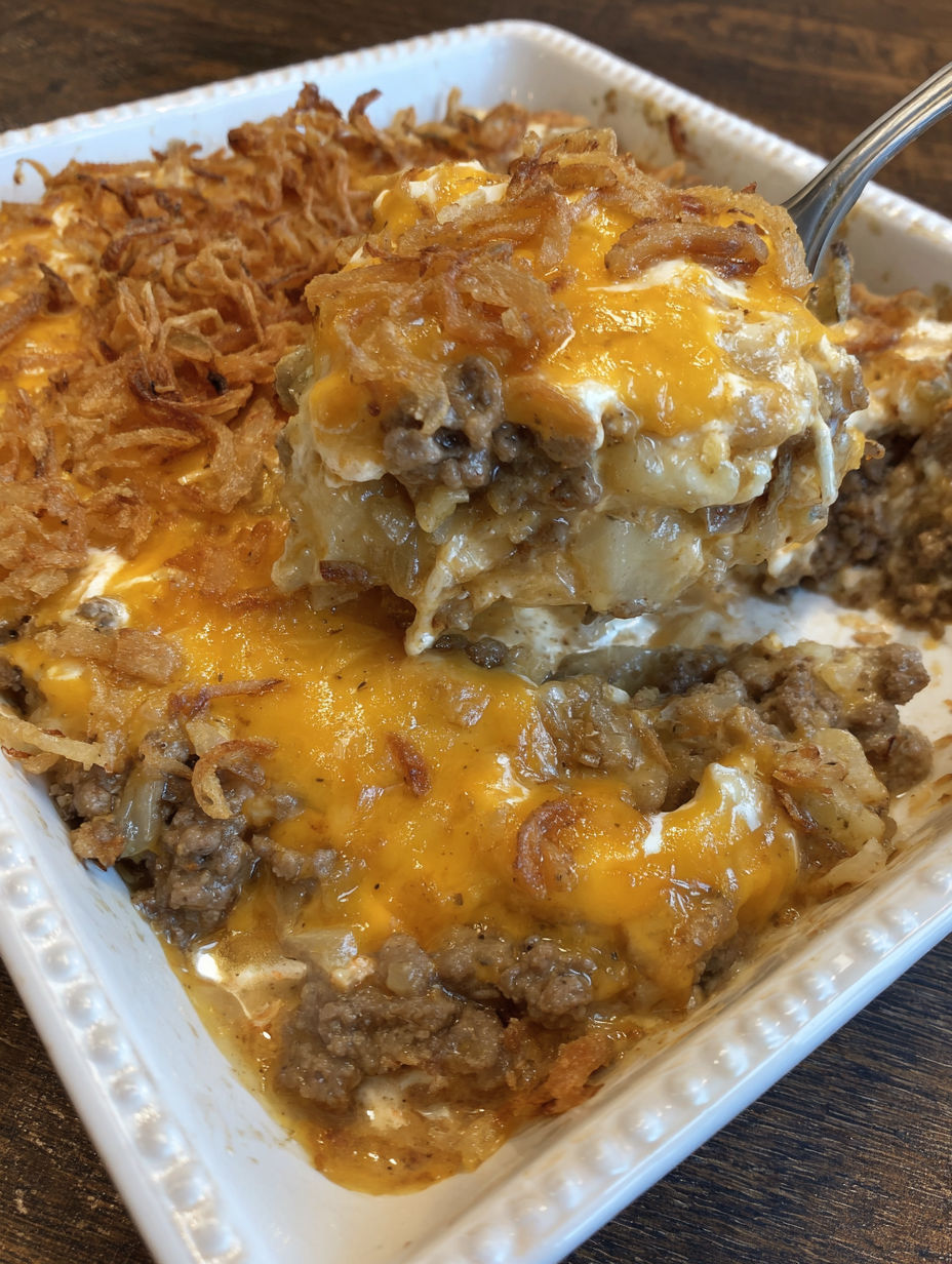 A white plate with a casserole dish on it.
