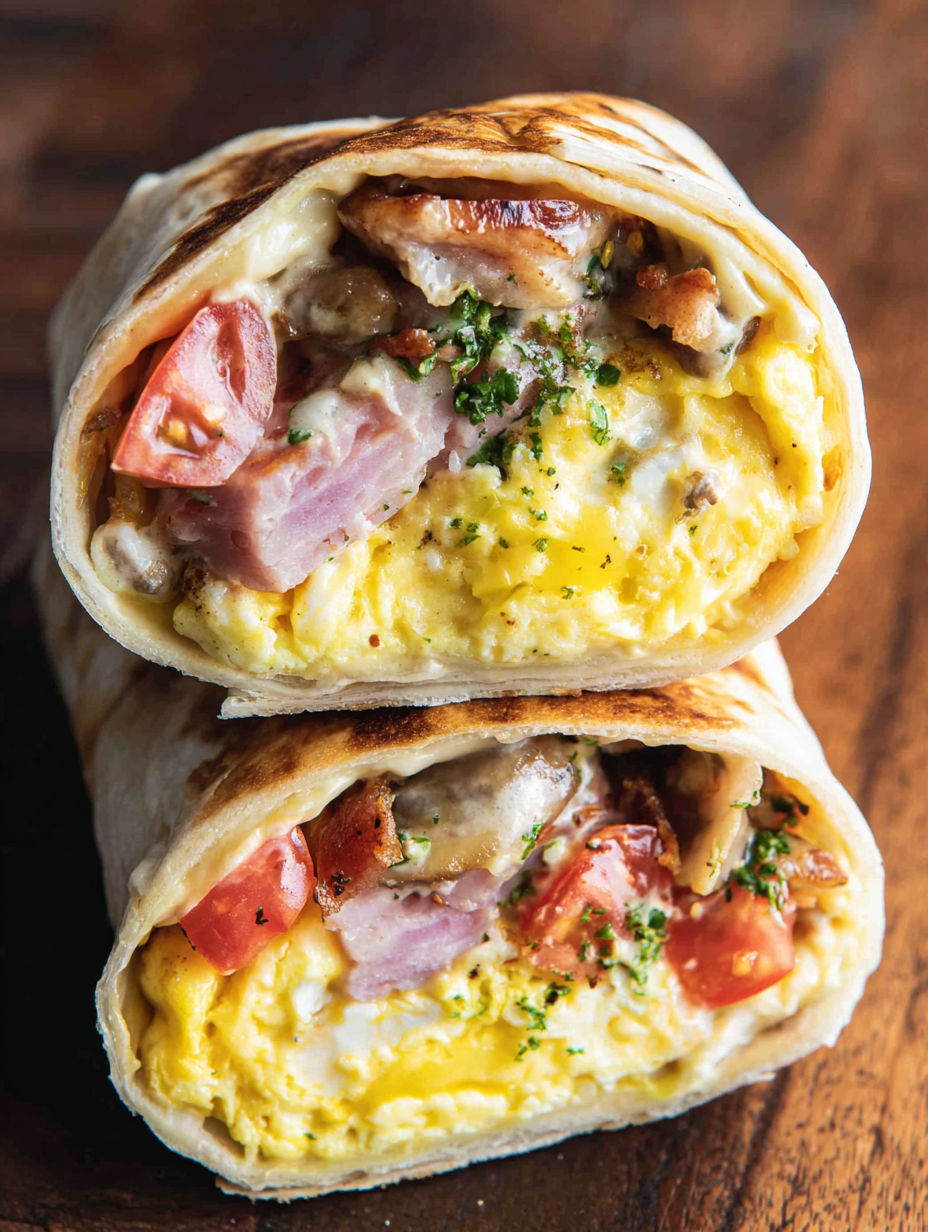 A breakfast burrito with eggs, bacon, and tomatoes.