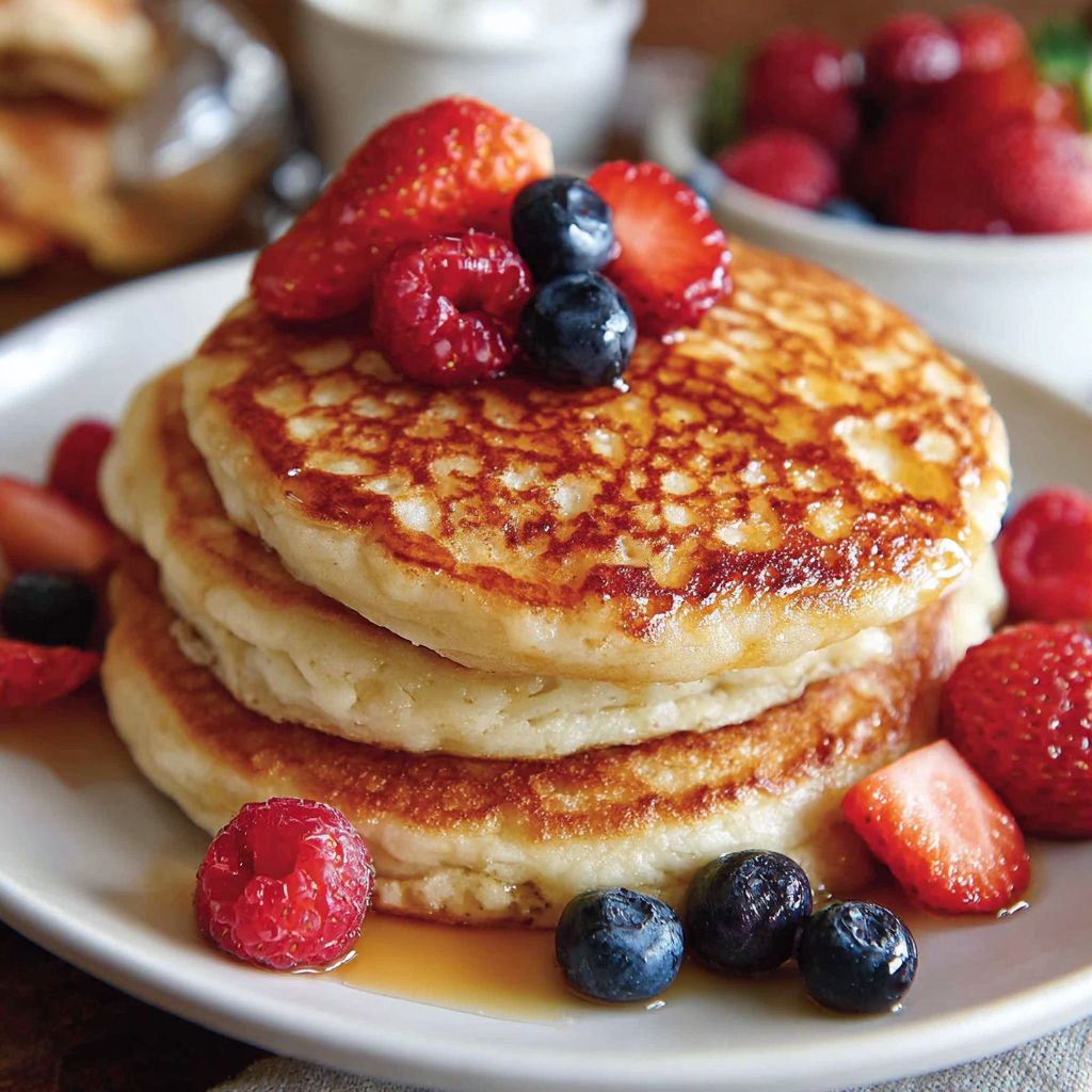A stack of pancakes with berries on top.