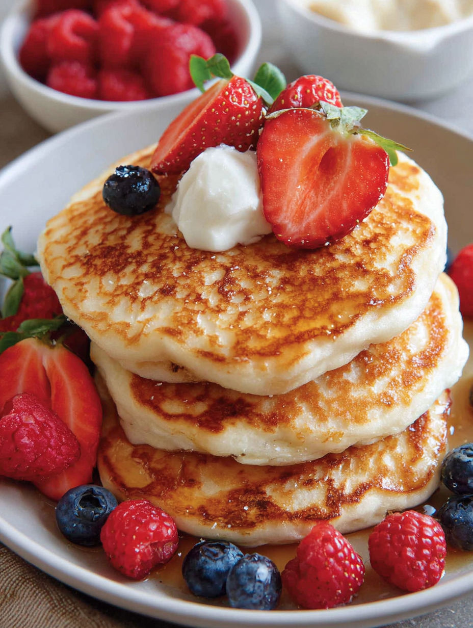 A stack of pancakes with strawberries and blueberries on top.