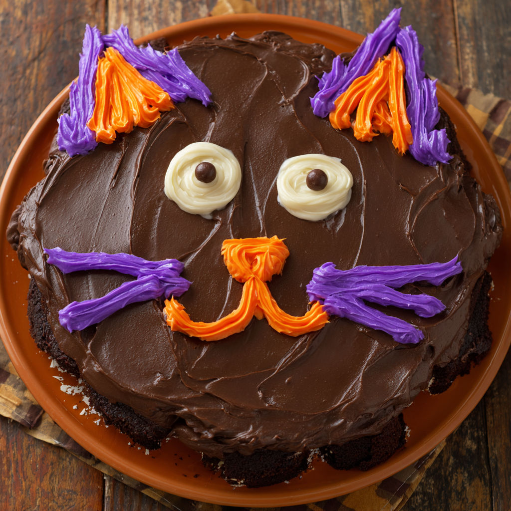 A chocolate cake with a cat face on it.