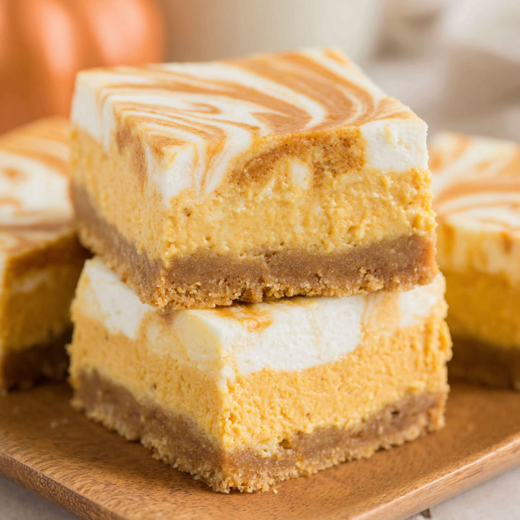 A stack of swirled pumpkin cheesecake bars.