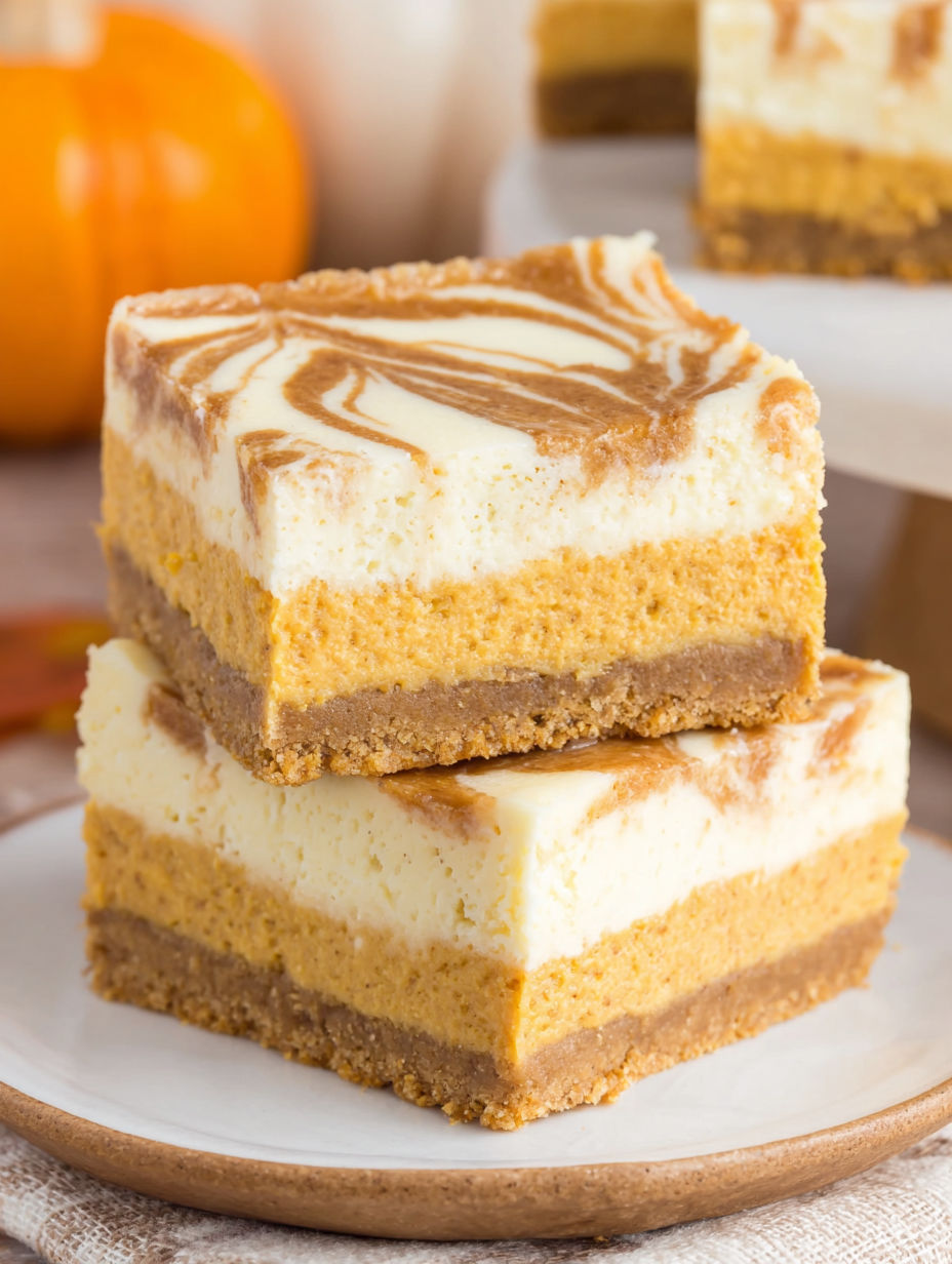 Three layers of swirled pumpkin cheesecake bars.