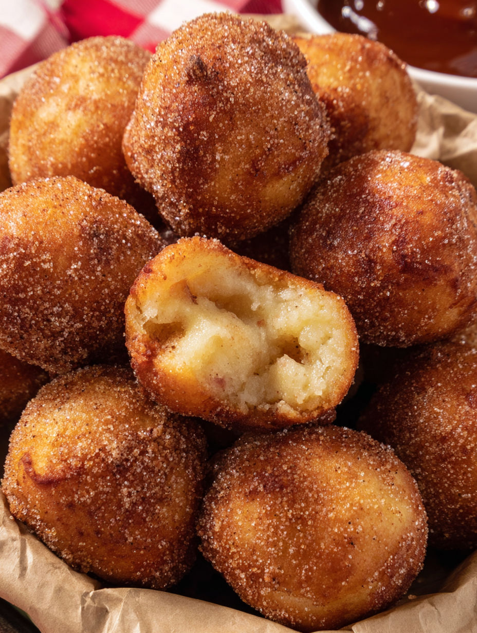 A pile of sugar coated apple pie donut holes.
