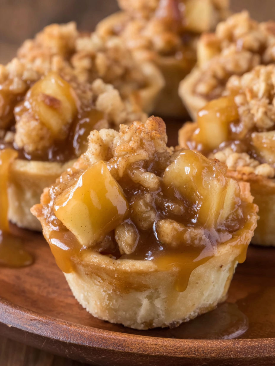 Mini apple crisp bites with caramel sauce.