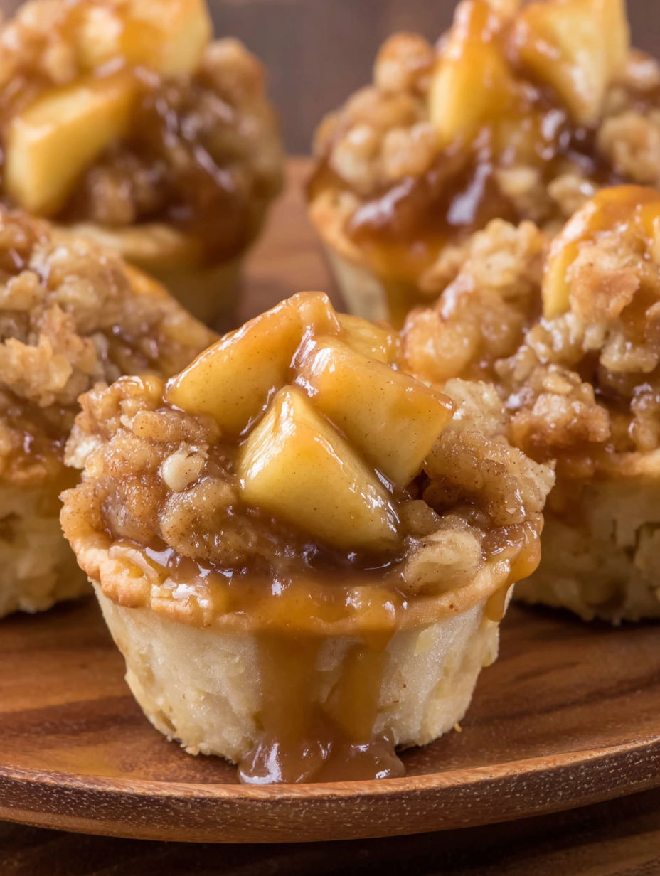 Mini apple crisp bites with caramel sauce.