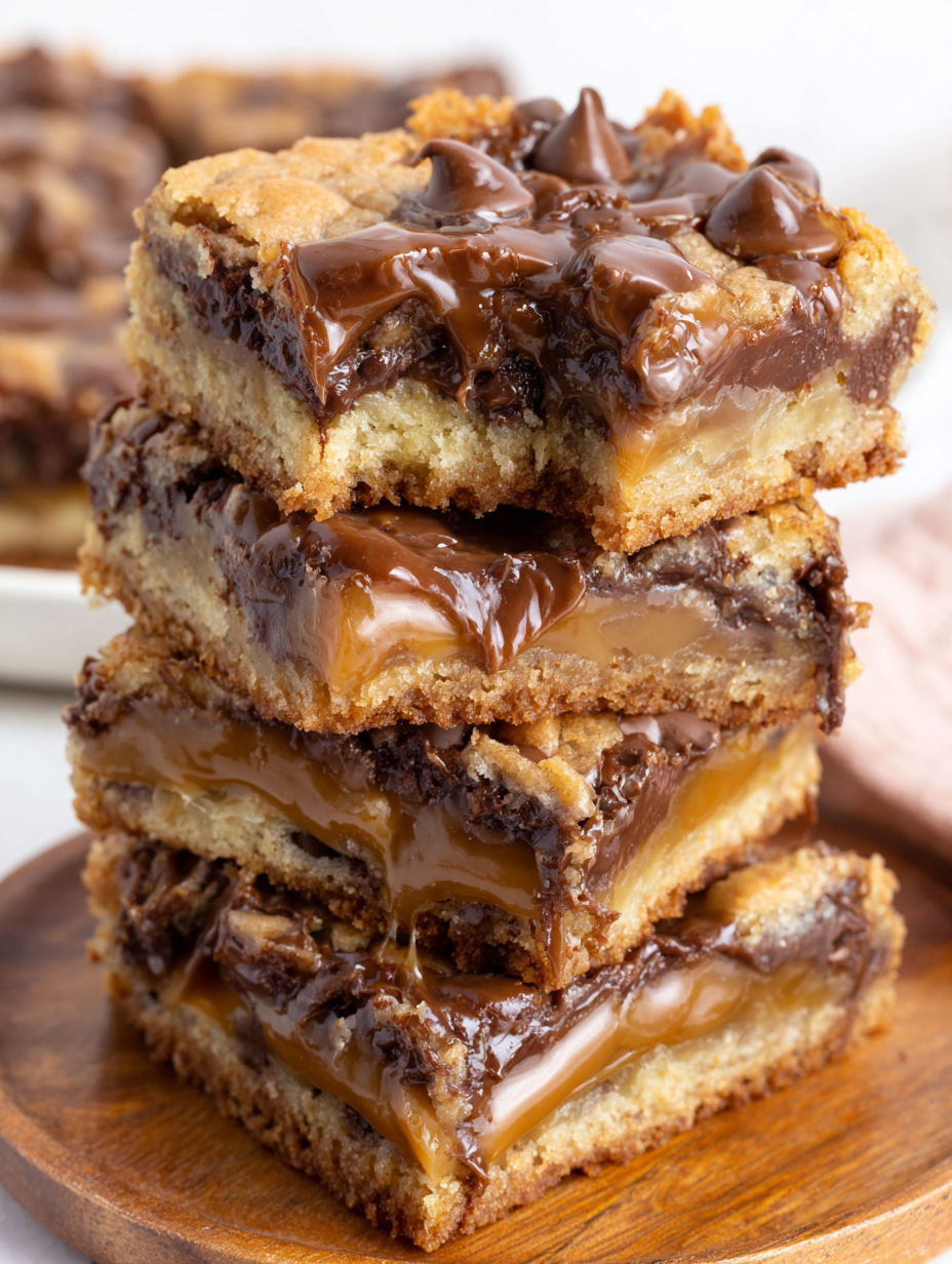 A stack of chocolate bars with caramel drizzle.
