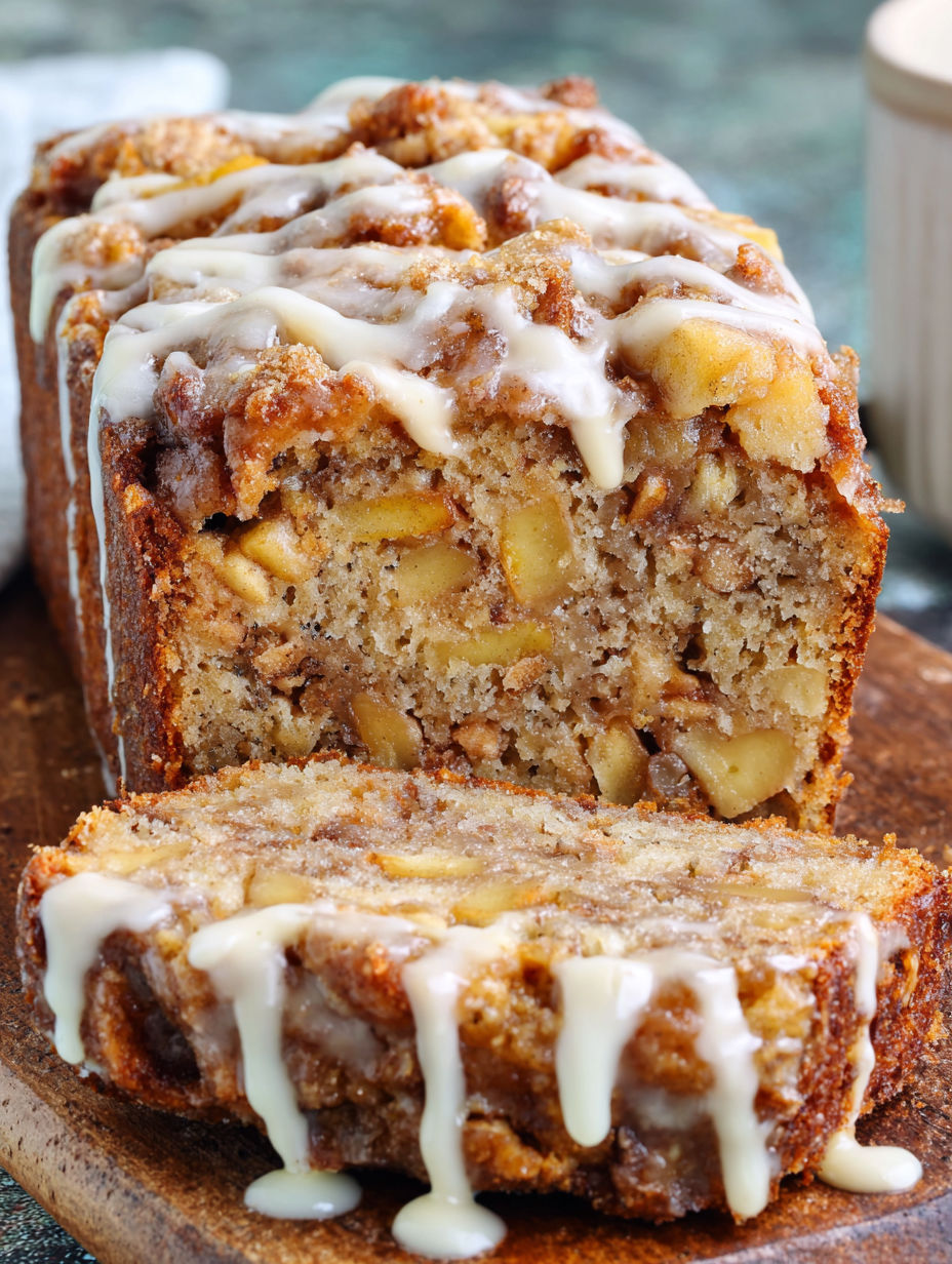 A slice of Amish apple fritter bread.