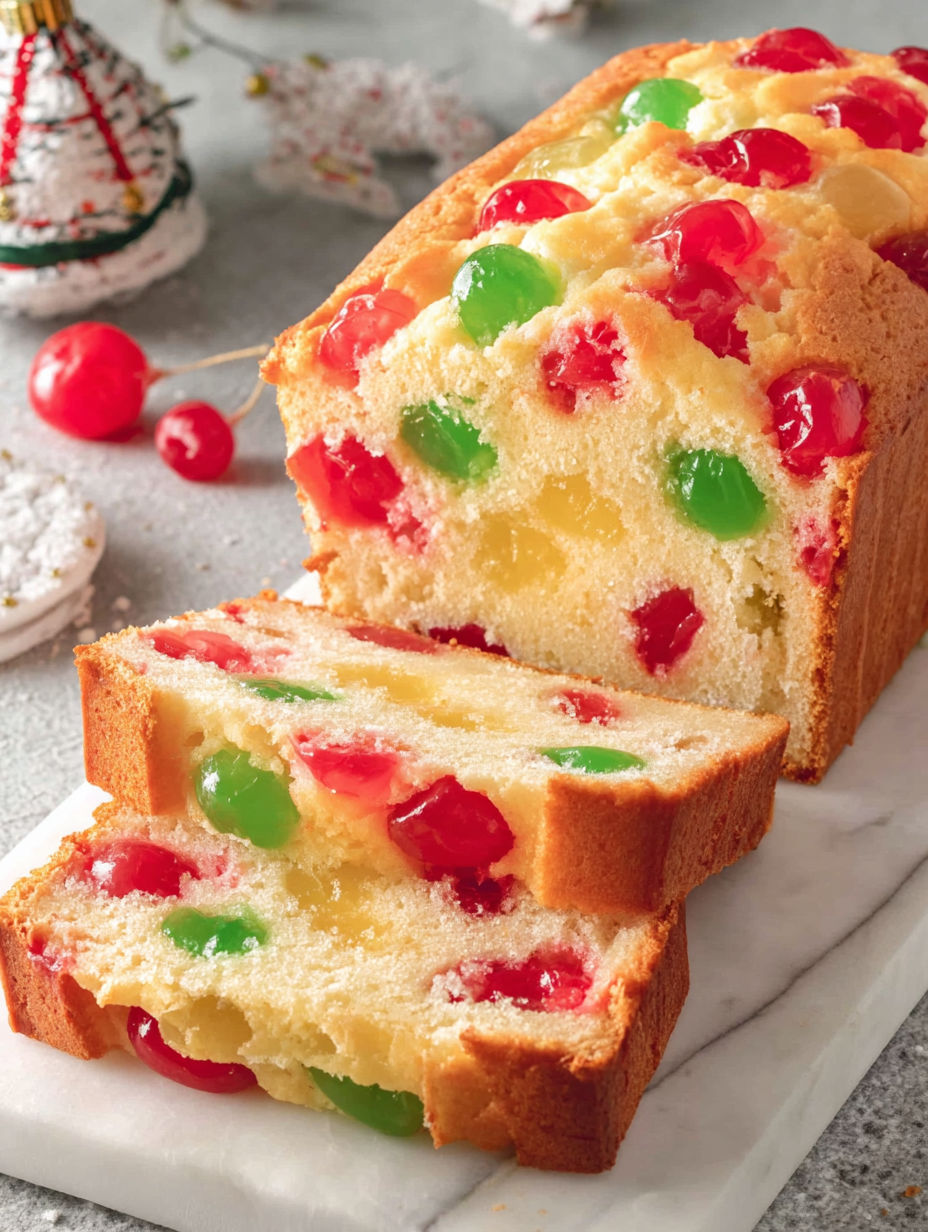 A slice of cake with green and red jelly beans.