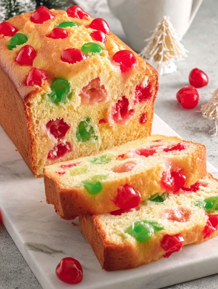 A slice of cake with green and red jelly beans.