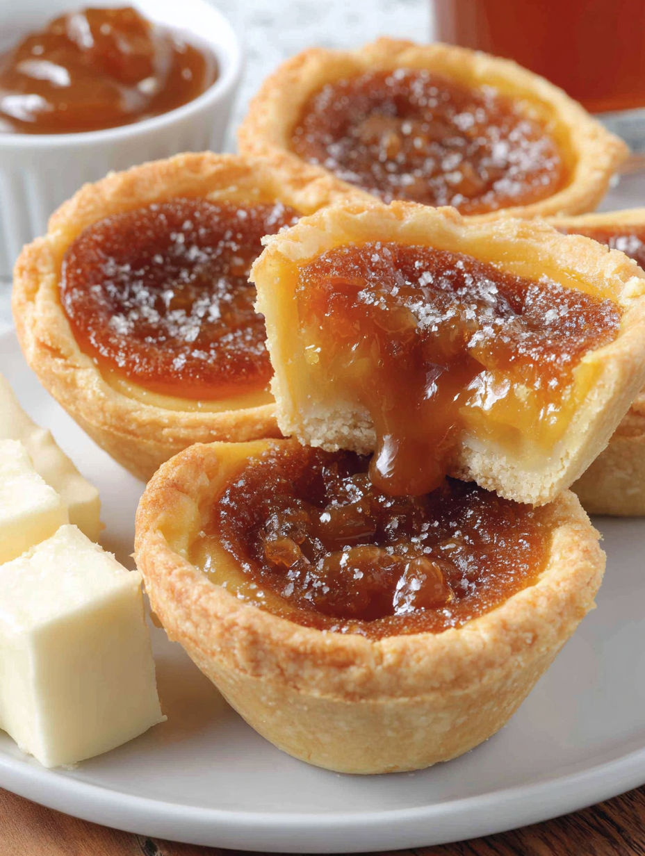 A close up of a butter tart with a brown sauce.