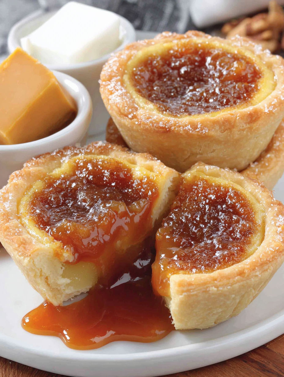 Two butter tarts with caramel sauce.