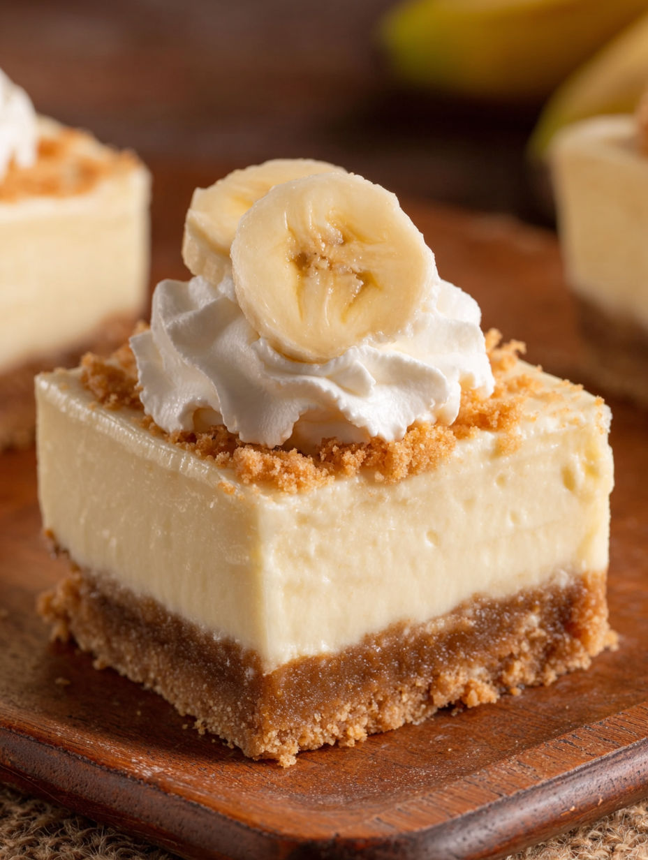 A slice of banana pudding cheesecake bars.