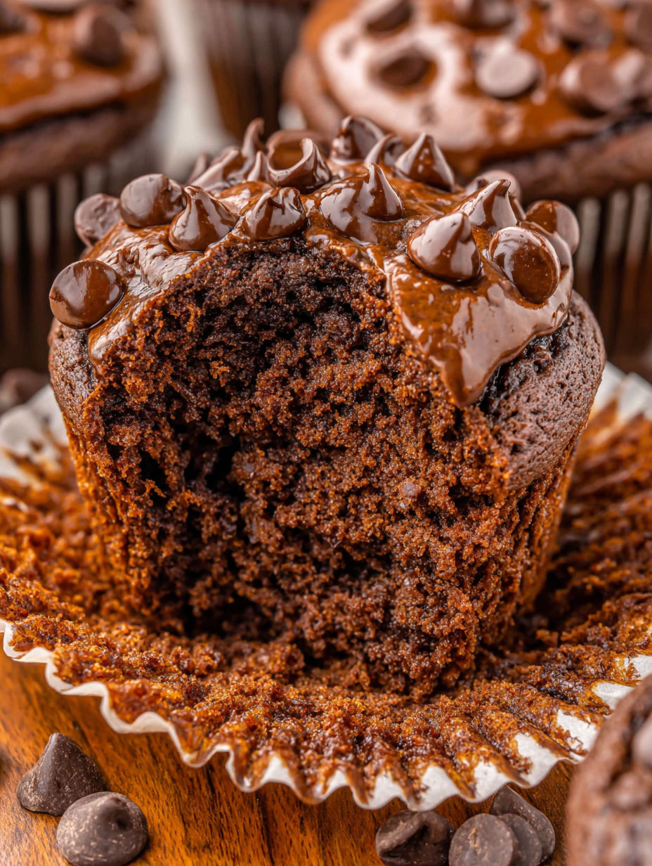 A close up of a chocolate muffin with chocolate drizzled on top.