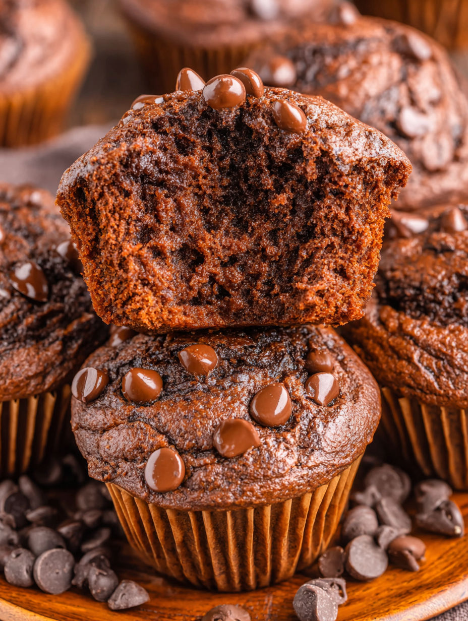 A stack of chocolate muffins with chocolate chips on top.