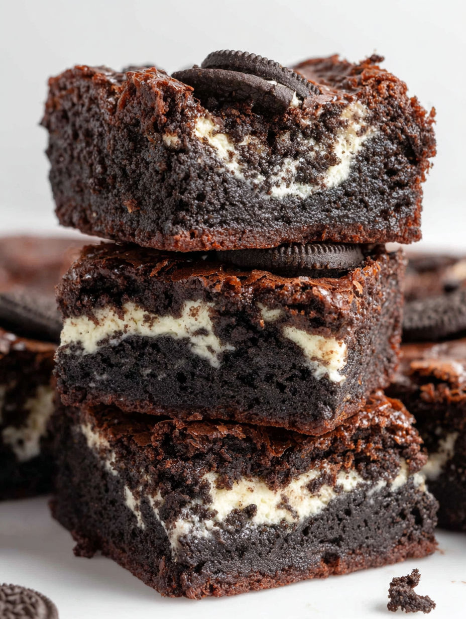 A stack of chocolate cake with white frosting and chocolate chips.
