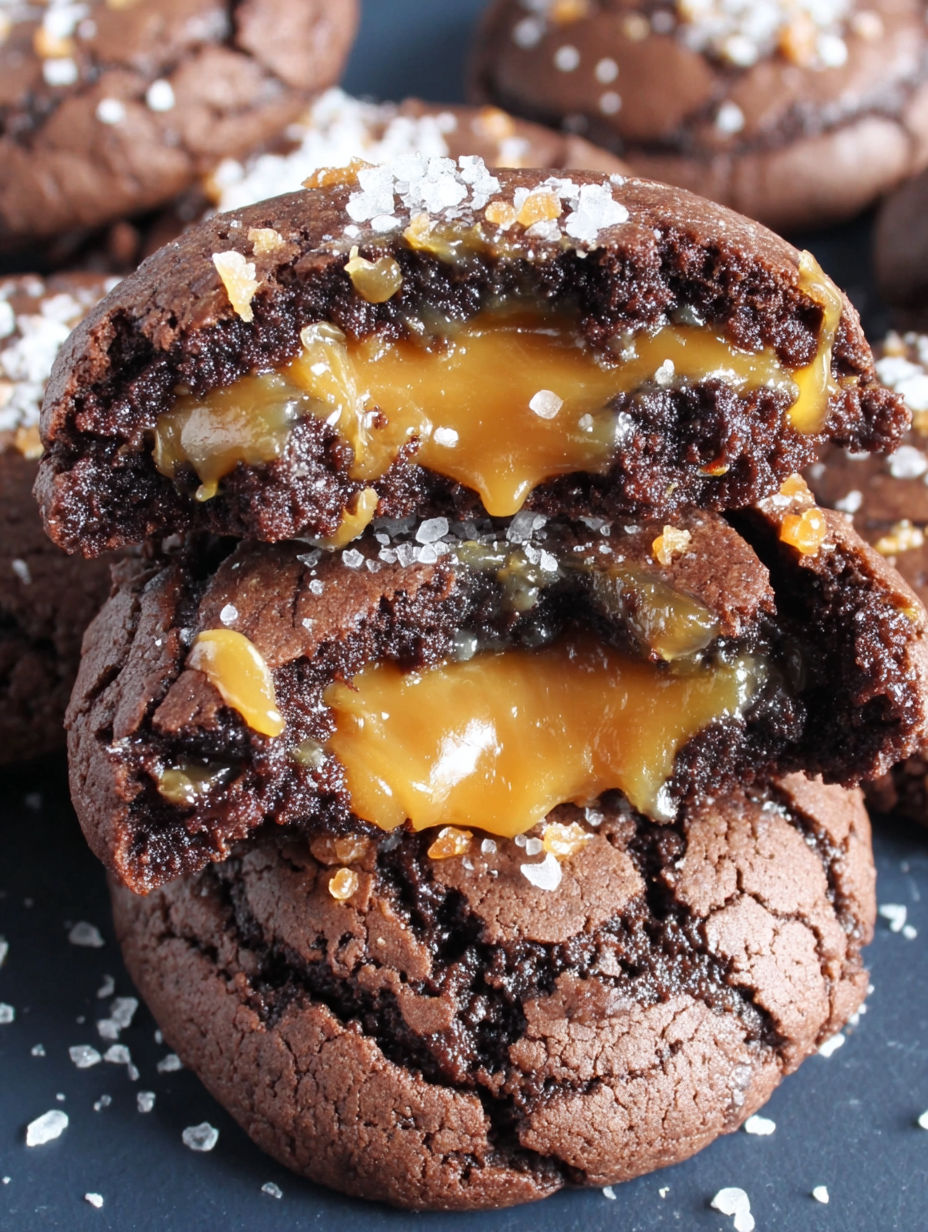 A chocolate cookie with caramel drizzle.