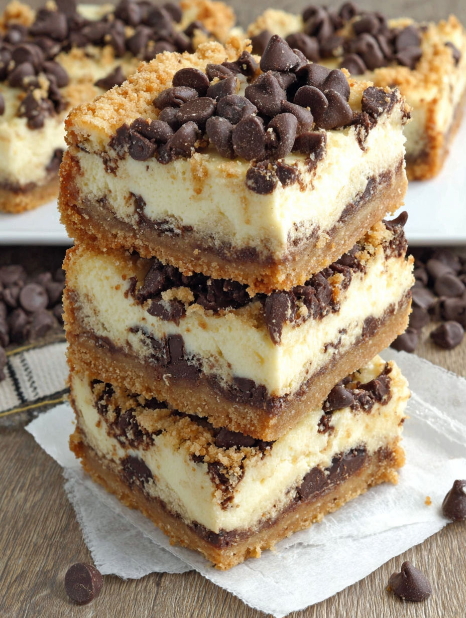Three stacked bars of chocolate chip cookie dough cheesecake.