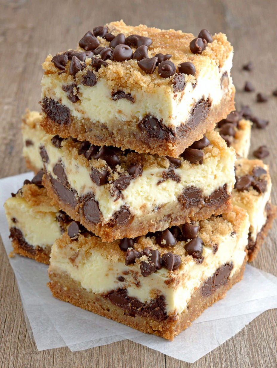 A stack of chocolate chip cookie dough cheesecake bars.