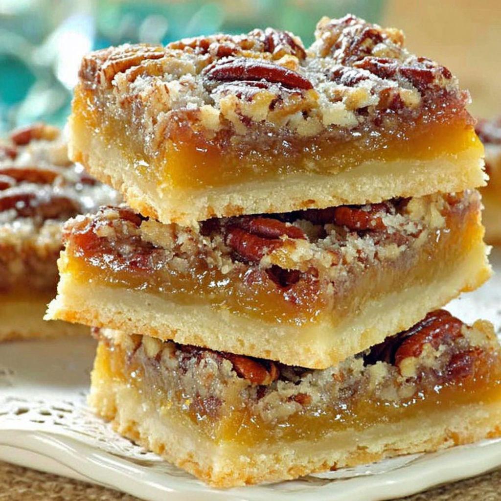 Three pieces of pecan pie bars.