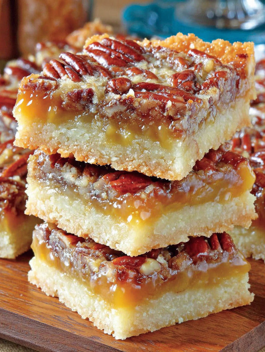 A stack of pecan pie bars.