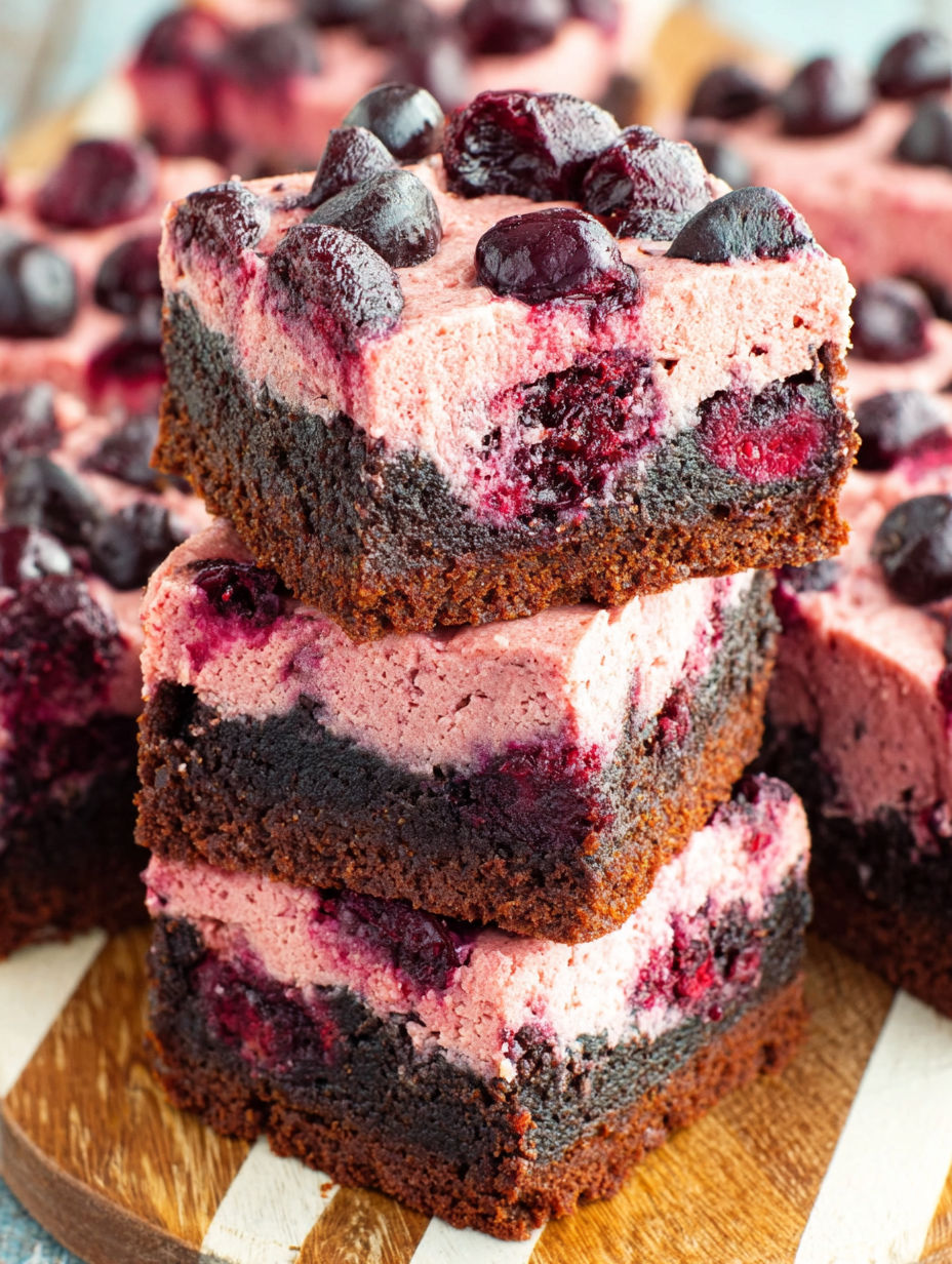 A stack of brownies with blueberries on top.