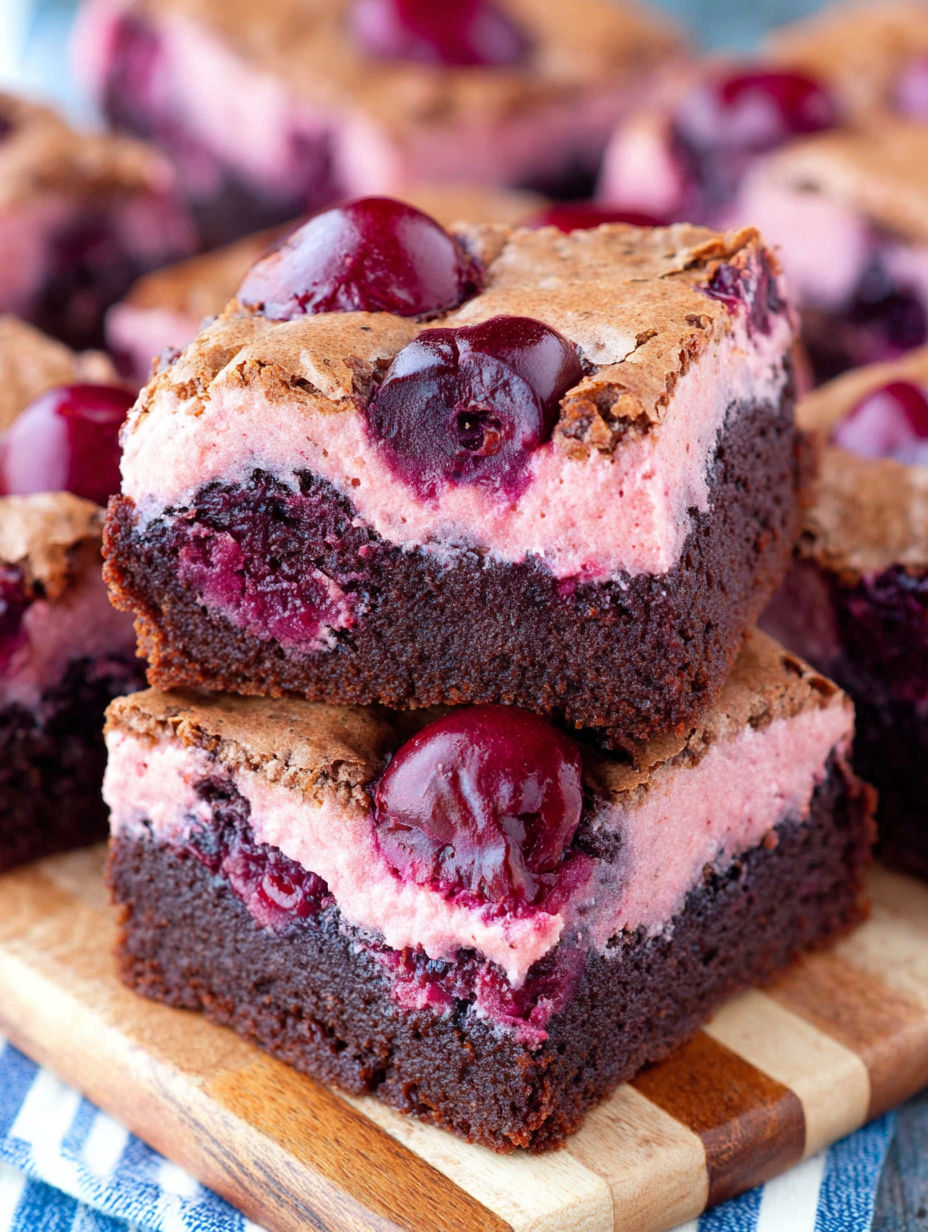 A slice of chocolate cake with cherries on top.