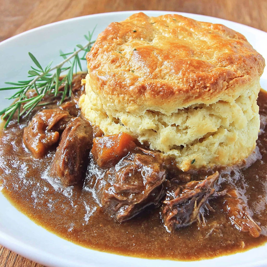 A close up of a delicious braised beef pot pie with biscuit topping.