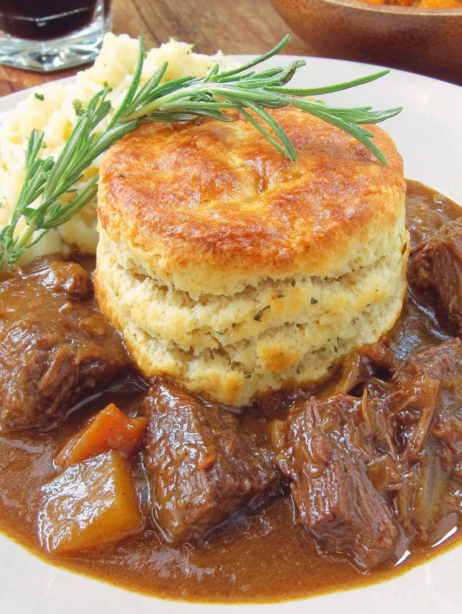 A plate of food with a biscuit on top.
