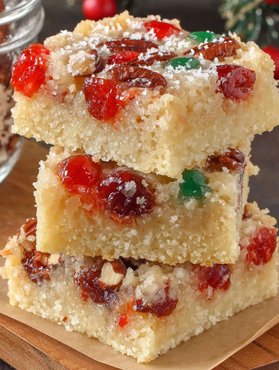 A stack of cake with red and green candies on top.