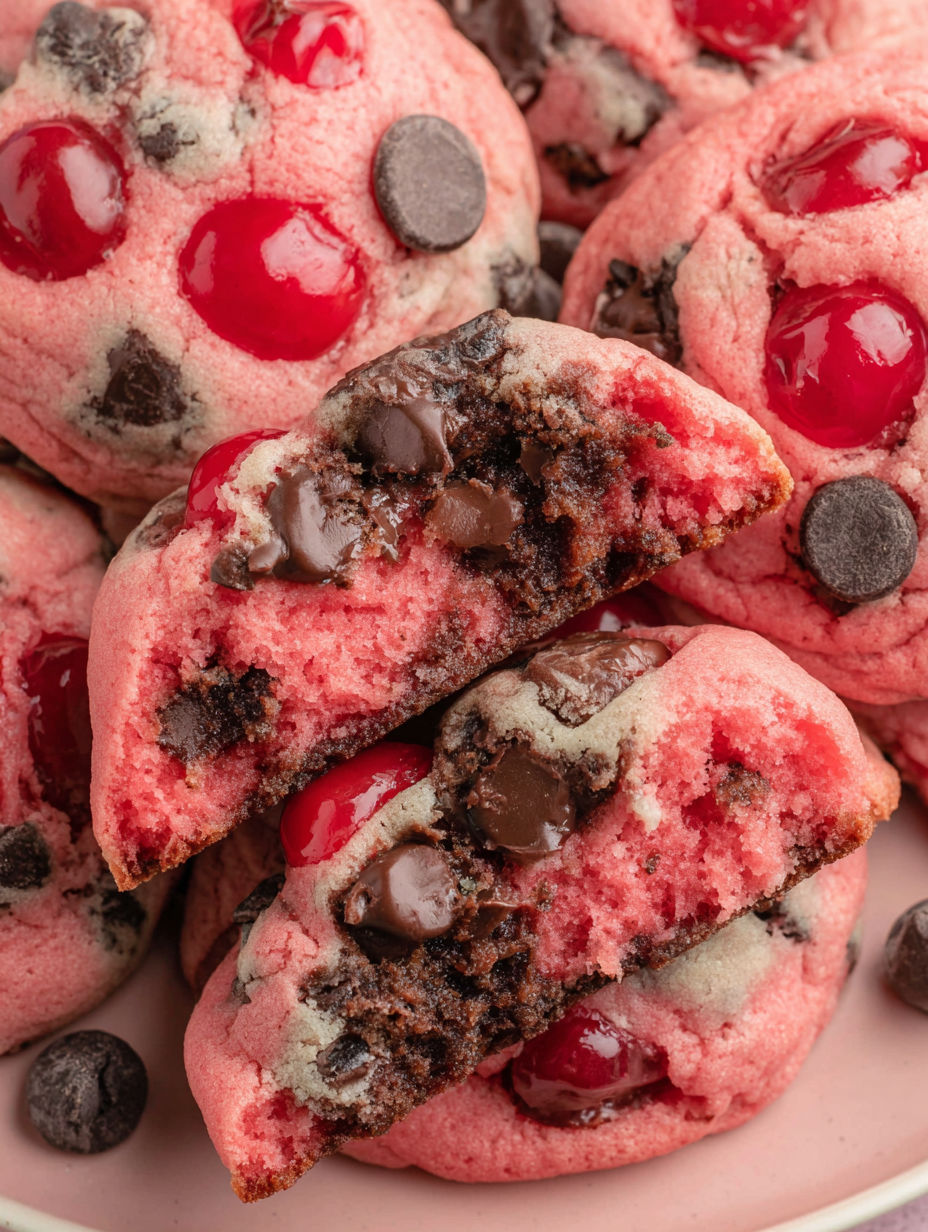 A close up of a red and white cookie.