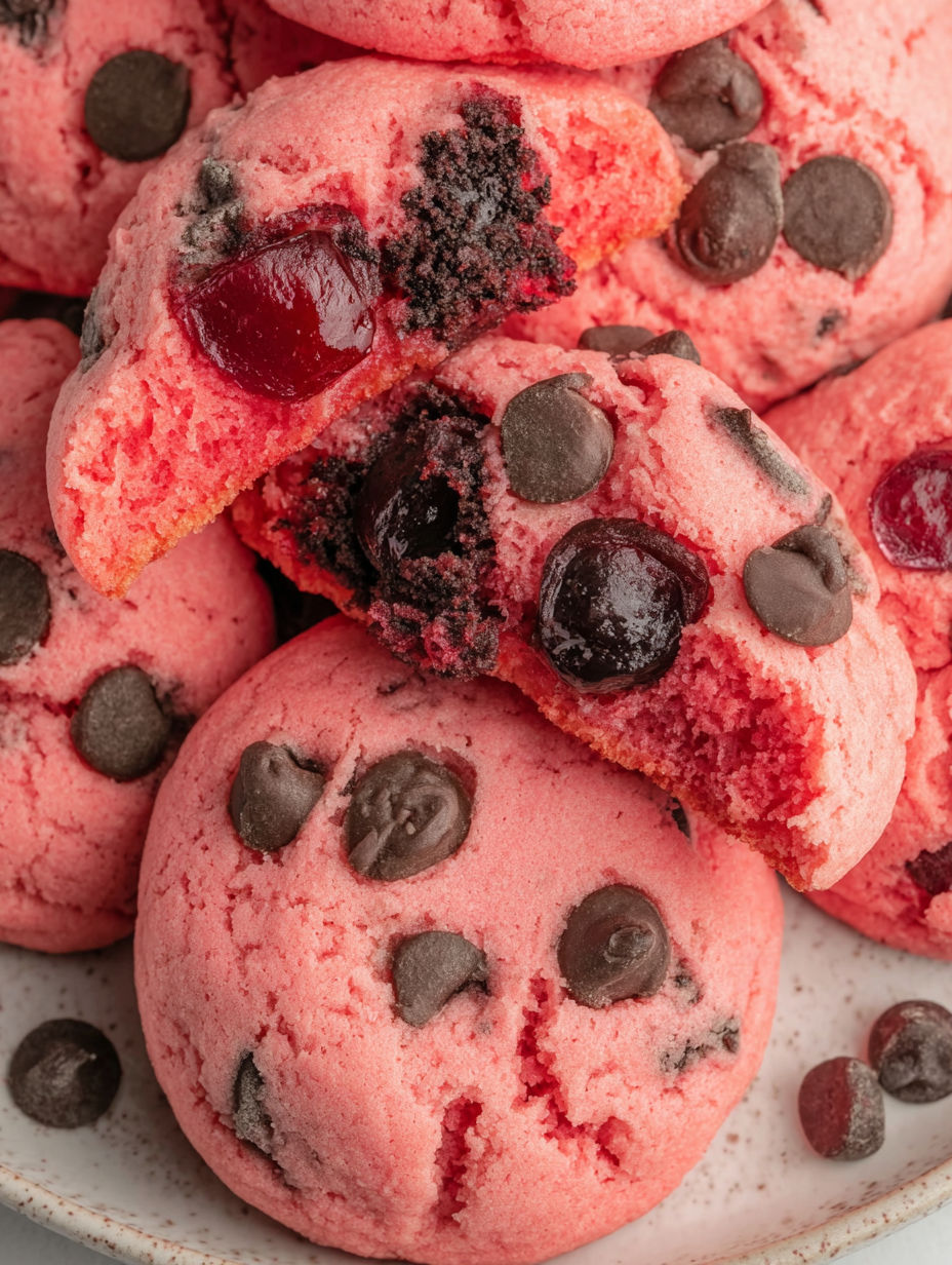 A close up of a red and black cookie.
