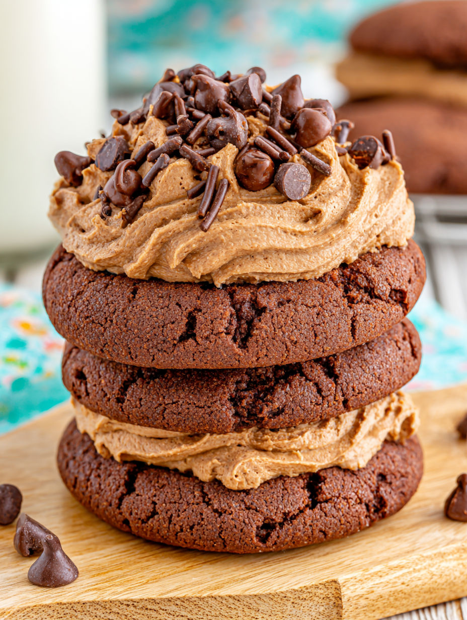 A stack of chocolate cake with chocolate frosting.